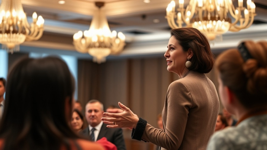 Inspiring speaker discussing personal voice in real estate at a conference.