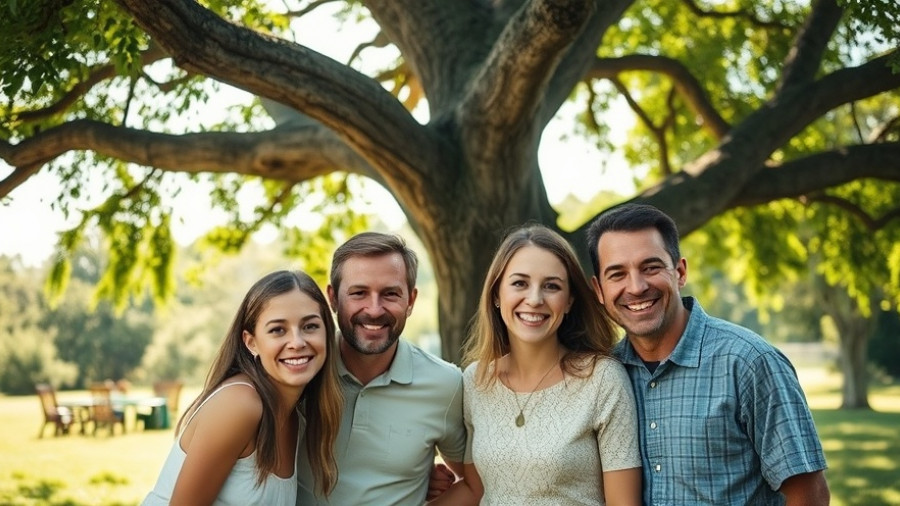 Family smiling together outdoors under a tree.