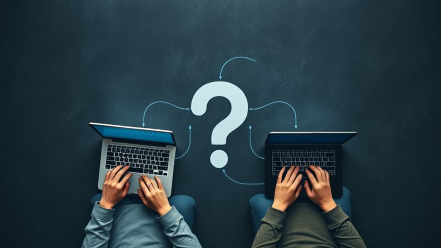 Laptops communicating through central question mark symbol on dark background.