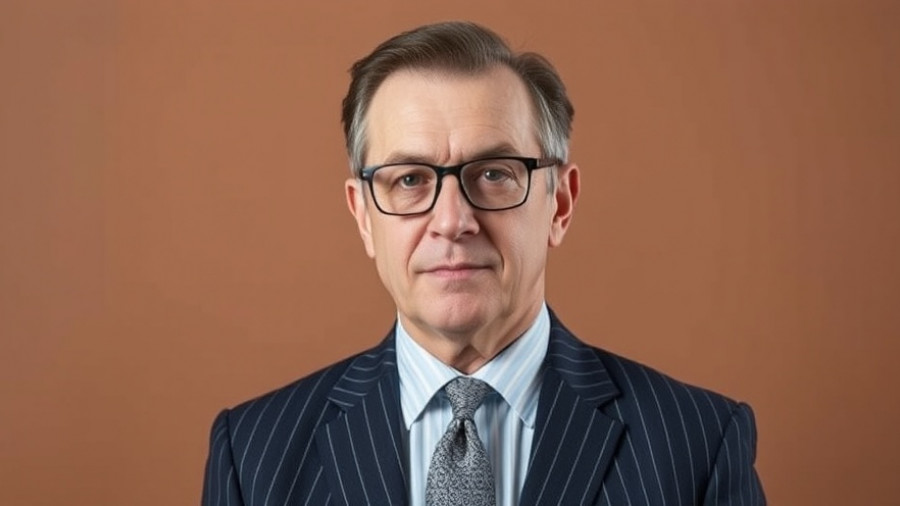 Mature man in a suit with a neutral expression against a brown background.