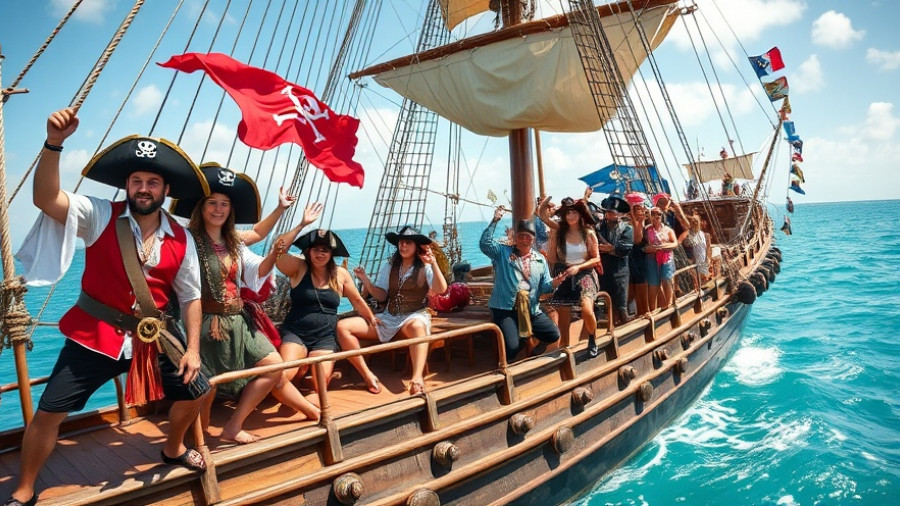 Pirate festival with vibrant costumes on a tall ship, Caribbean setting.
