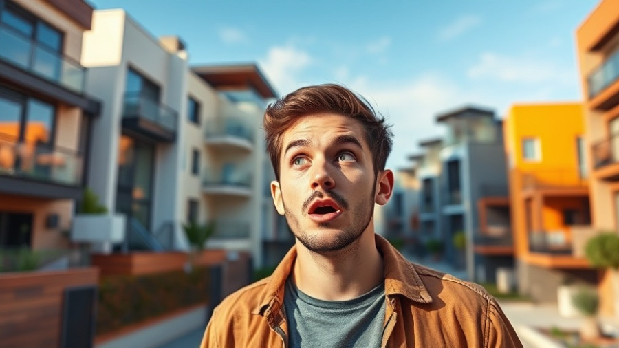Average rental property success insights with surprised man and houses.