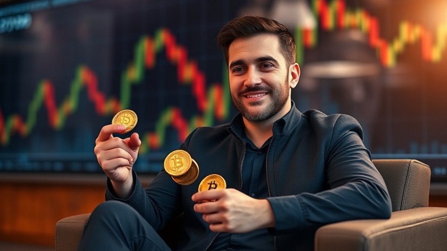 Confident man discussing tax-free crypto strategy with digital coins.
