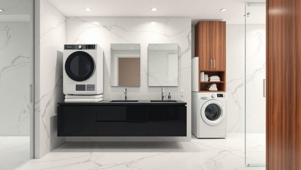 Install a washer dryer combo in NYC co-op bathroom with marble and modern design.