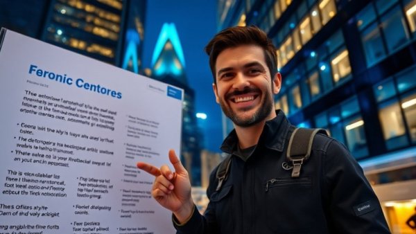 Man promoting property investments, urban buildings at night.