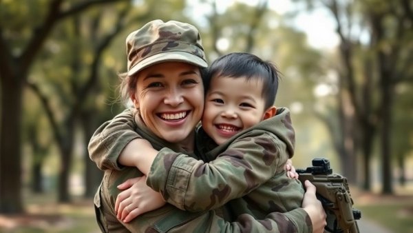 Female soldier embracing child in a park, symbolizing VA loans for veterans.