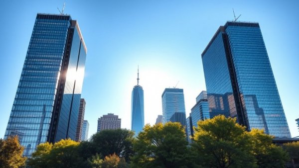 Modern skyscrapers in Hudson Yards reflecting sunlight, blue sky.