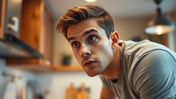 Young man in kitchen asking about the ideal time to buy real estate.