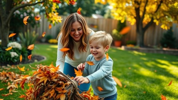 Family raking leaves in autumn garden, illustrating real estate seasonality.
