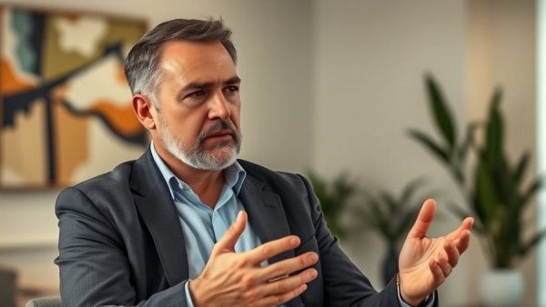Middle-aged man explains hidden costs of cryptocurrency in an office.