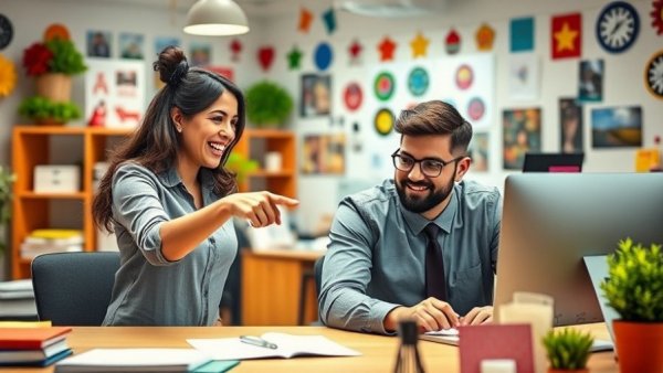 Working side by side in business partnerships, vibrant office interaction.