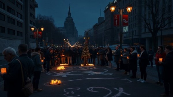 Protest scene in Brazil with candles and chalk outlines on street.
