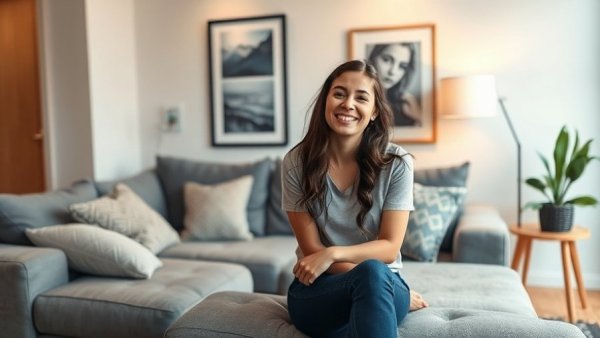 Young woman in cozy NYC apartment living room, modern decor.