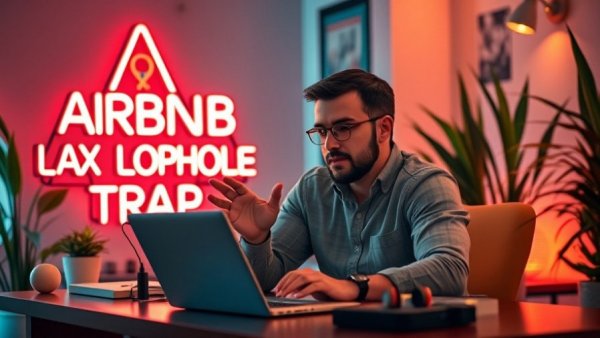 Man discusses Airbnb tax loophole trap with neon sign backdrop.