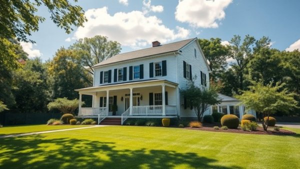 Colonial house with lush yard, ideal for first-time home buying checklist.