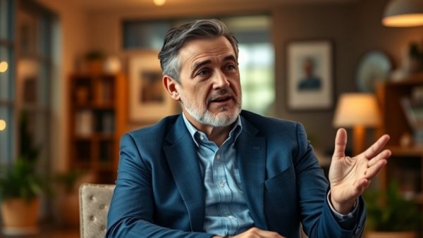 Middle-aged man explaining tax-free crypto strategies in a cozy office.