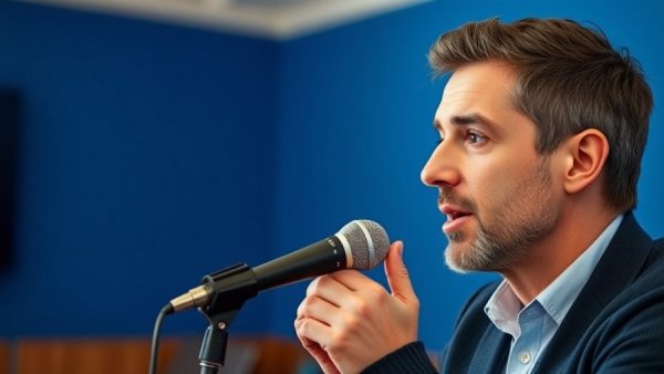 Man engaging in an interview, success without sacrifice, studio backdrop.