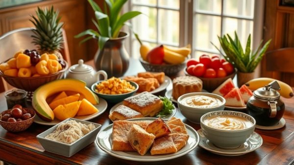Colorful Caribbean breakfast spread with tropical fruits and pastries.