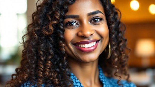 Smiling woman with long curly hair in bright indoor lighting, close-up portrait.