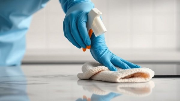 Clean surface tips for home sellers, spray cleaning with gloves.
