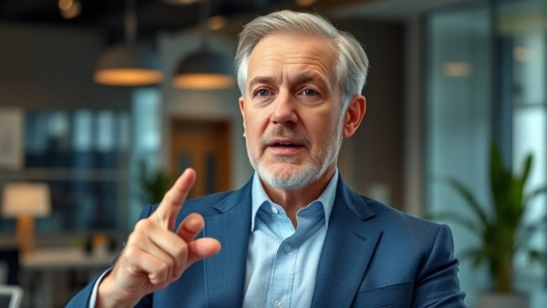 Man in a blue suit discussing finance, emphasizing a point indoors.