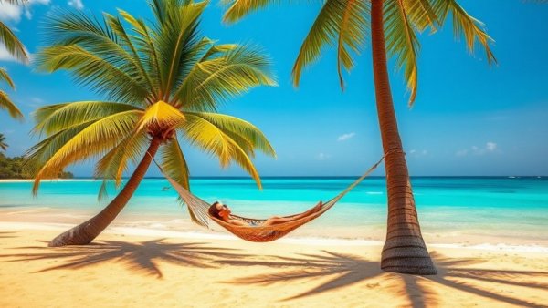 Relaxing on best Caribbean beaches 2025, hammock between palms, turquoise sea.