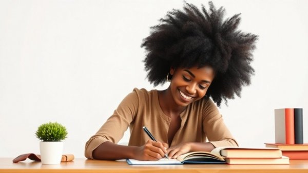 Queen Simone Maghanza HRMAB Award recipient smiling at desk.