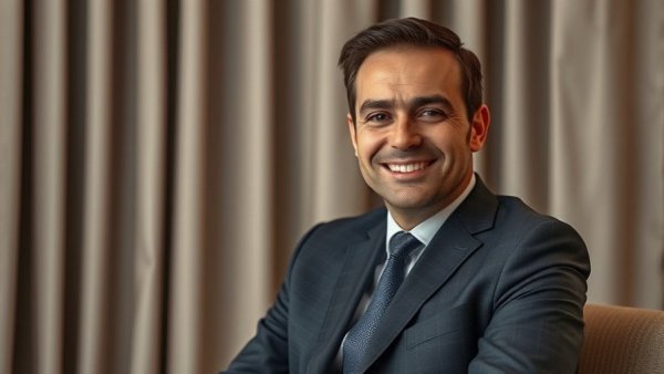 Businessman smiling indoors, Investing in Real Estate discussion.