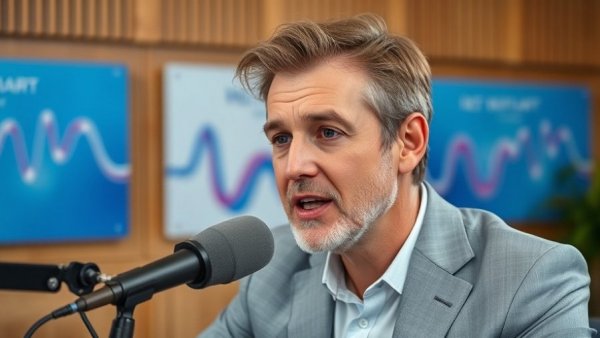 Middle-aged man podcasting in studio; light gray suit, composed expression.