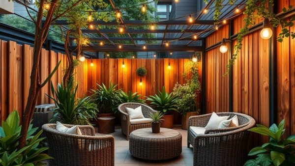 Charming ground-floor apartment courtyard in NYC with string lights.
