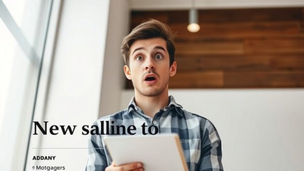 Surprised man in front of mortgage news article layout, discussing 50-year mortgage benefits and risks.