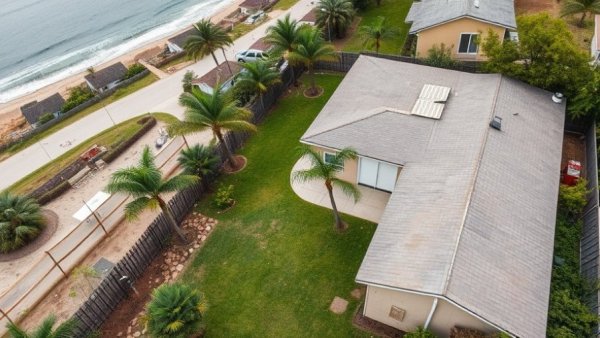 Aerial view of suburban backyard with damaged fence and plants.