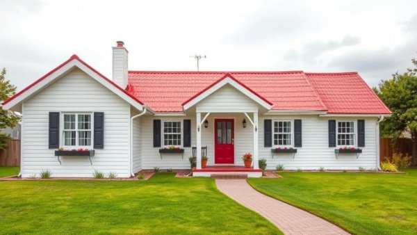 Charming white house front view with red roof, lush garden.