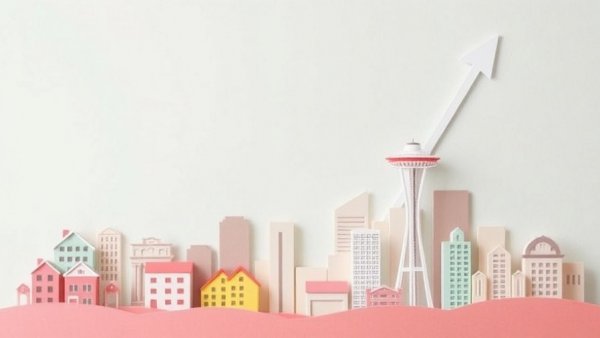 Seattle home price cuts graphic; colorful paper cutout with skyline and arrow.