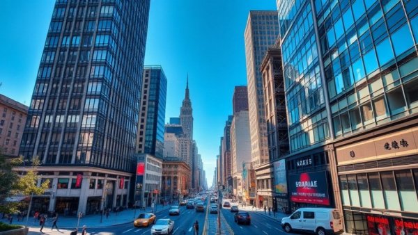 Vibrant urban street with skyscrapers, representing potential 'mortgage application denied' scenarios.