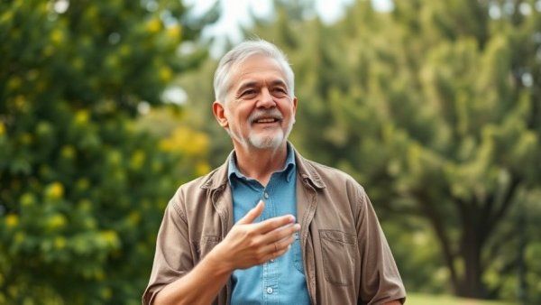 Man discussing building financial freedom outdoors, modern setting.