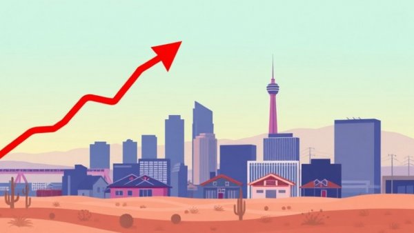 Stylized Las Vegas skyline with rising market arrow. Las Vegas real estate market adjustments.