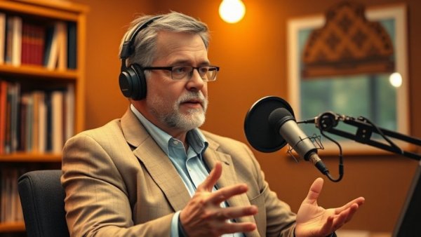 Man discussing Health Reimbursement Arrangement in podcast studio.
