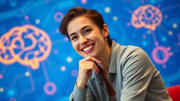 Cheerful woman with AI graphics, edit videos in minutes with AI.