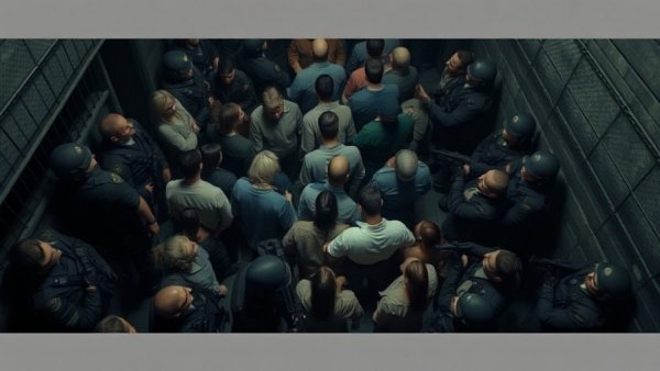 Detained individuals closely packed, surrounded by officers, Venezuelan deportees torture.