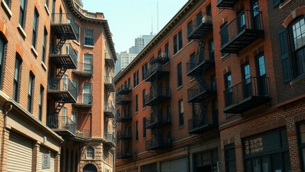 Brick buildings with fire escapes in an urban setting, depicting city life.