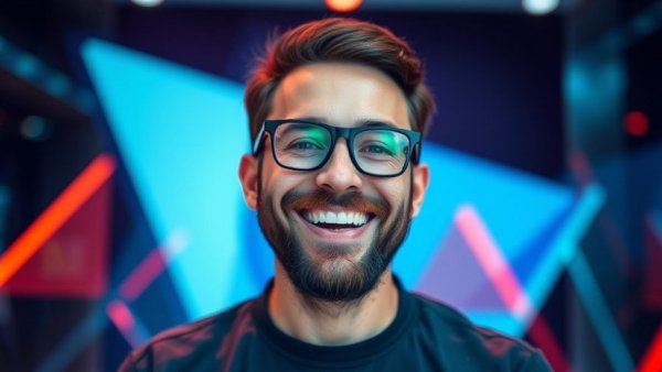 Real estate technology training culture, smiling man in geometric design.