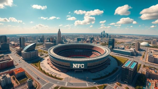 Aerial view of an NFL stadium accessible without a car amidst cityscape.