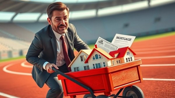 Illustration of assumable and portable mortgages with businessman pulling wagon of houses.