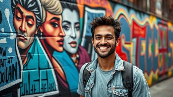 Smiling man in front of colorful graffiti, related to Jamaica hurricane relief efforts.