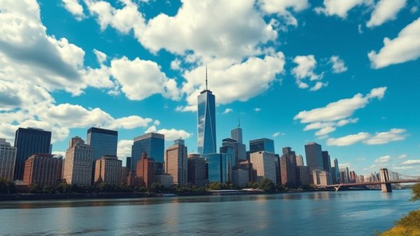 View of Manhattan skyline reflecting on river, clear October day.