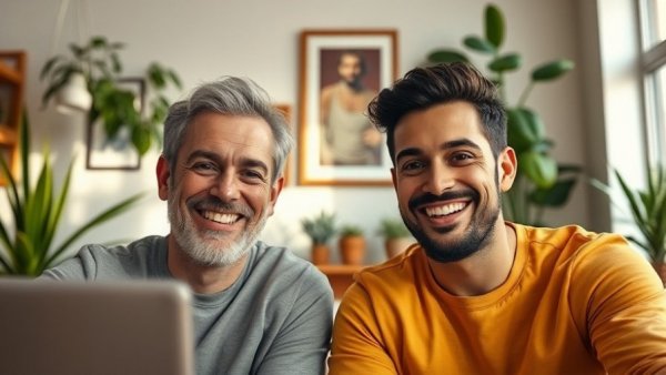Two men discussing investor behavior in real estate via video call, cozy setting.