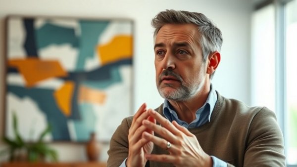 Engaged middle-aged man discussing 401(k) contributions in office setting.