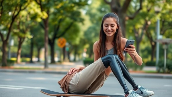 Woman playing online games on phone in urban park, enjoying leisure time.