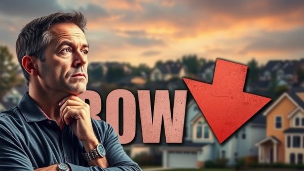 Real estate market trends graphic with downward arrow and serious man